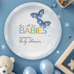 Blue Butterflies Due with Two Twins Baby Shower Paper Plate<br><div class="desc">These cute butterfly themed baby shower paper plate features two blue butterflies and is perfect for a twin boys baby shower. The design is accented with the playful text "due the two BABIES" which combines trendy handwriting with multicolored block letters for an adorable party paper plate.</div>