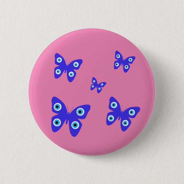 Blue Butterflies Evil Eye with Pink Background 2 Inch Round Button (Front)