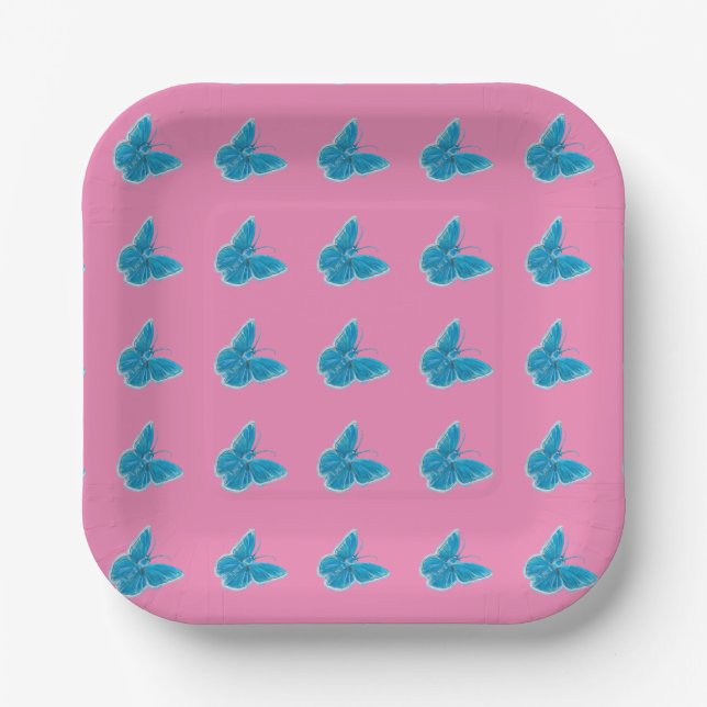 Blue Butterflies Fluttering Pattern Pink   Paper Plate (Front)