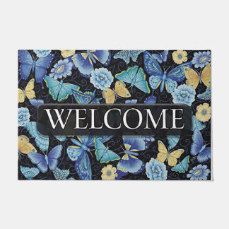 Blue Butterflies Flying Flower Printed Doormat