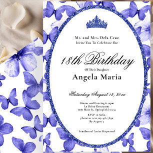 Blue Butterflies Glam 18th Birthday Debut Invitation