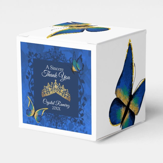 Blue Butterflies, Gold Tiara Quinceanera Favour Bo Favor Box (Front Side)