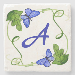 Blue Butterflies Green Leaf Custom Monogram Stone Coaster