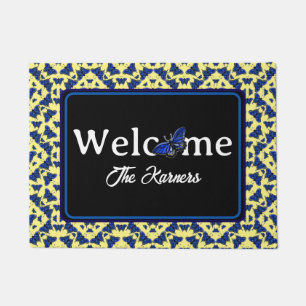 Blue Butterflies in Fun Playful Pattern on Yellow Doormat