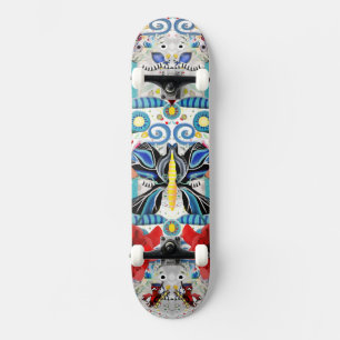 Blue Butterflies Insects swirls retro poppies cool Skateboard