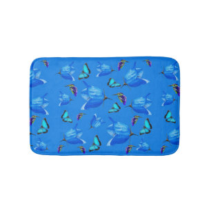 Blue Butterflies, Kingfishers, And Bell Flowers, Bath Mat