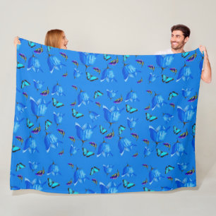 Blue Butterflies, Kingfishers, And Bell Flowers, Fleece Blanket