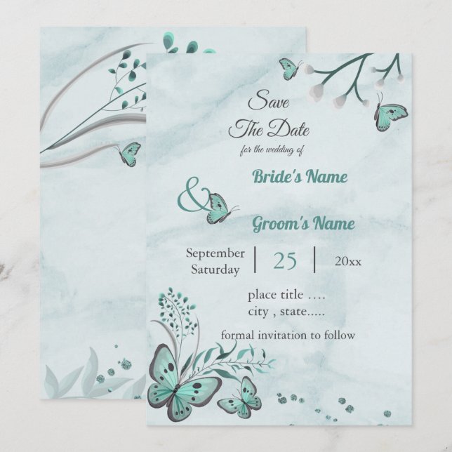 blue butterflies leaves floral save the date invitation (Front/Back)