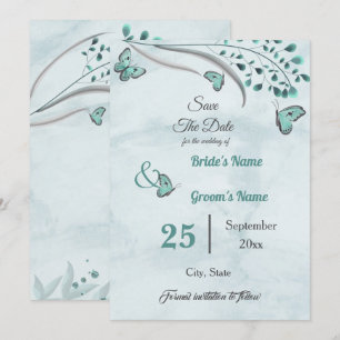 blue butterflies leaves floral save the date invitation