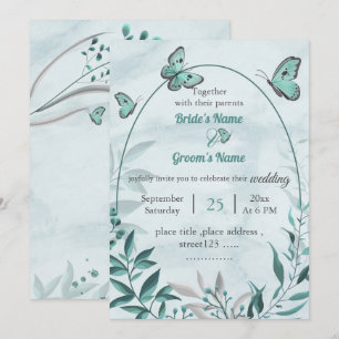 blue butterflies leaves floral wedding invitation
