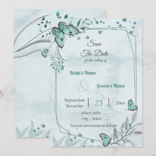 blue butterflies leaves geometric save the date invitation