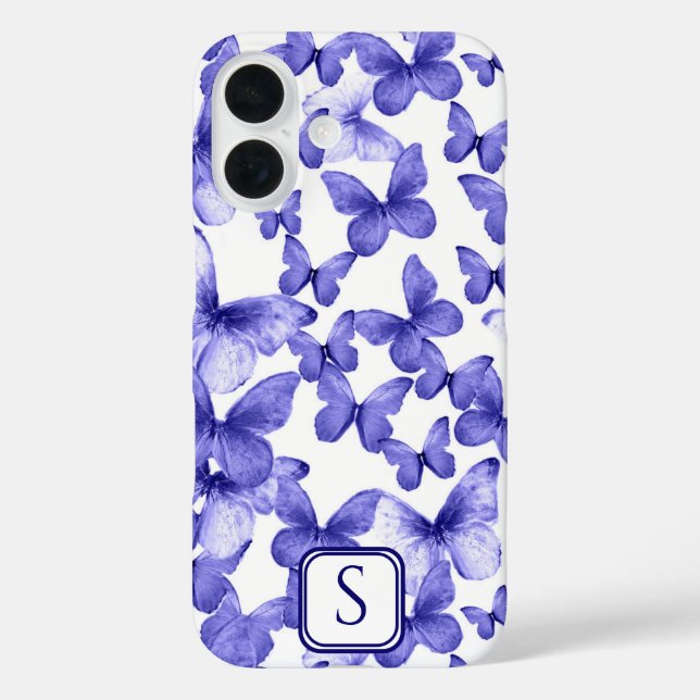 Blue Butterflies Modern Elegant Custom Monogram Case-Mate iPhone Case (Back)