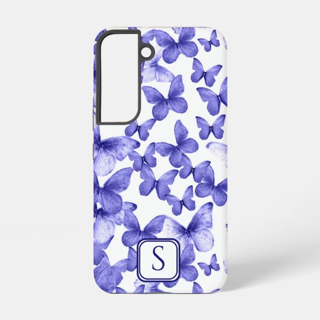 Blue Butterflies Modern Elegant Custom Monogram Samsung Galaxy S22 Case (Back)