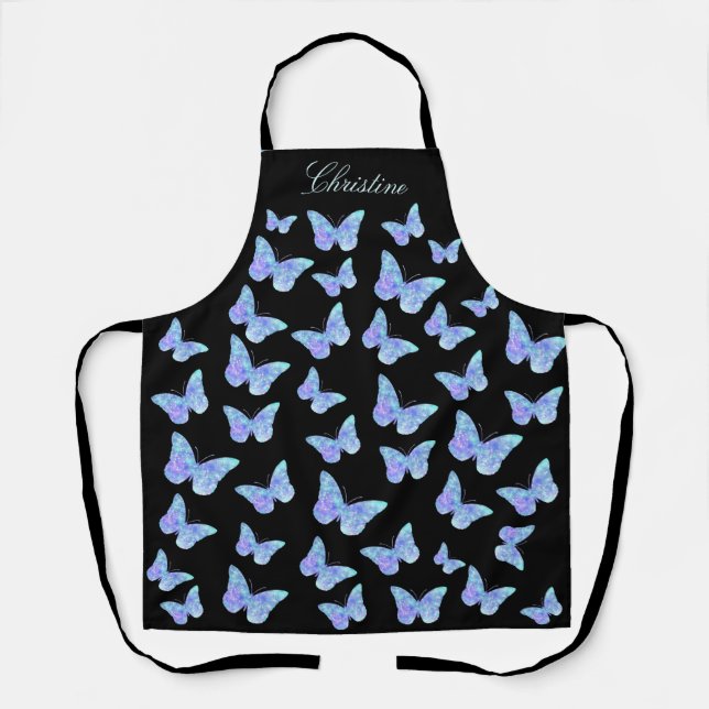 blue butterflies on black apron (Front)