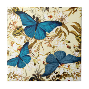 Blue Butterflies on Vintage Cream Floral Pattern Tile