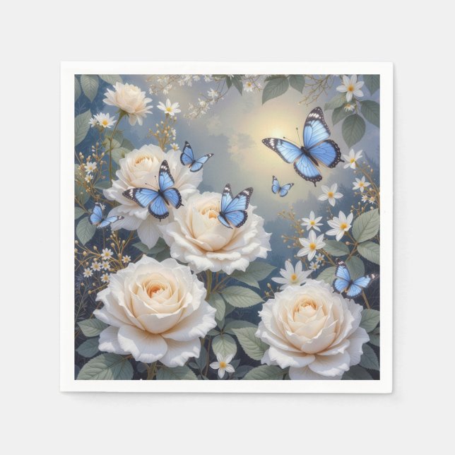 Blue Butterflies On White Roses and Daisies Napkin (Front)