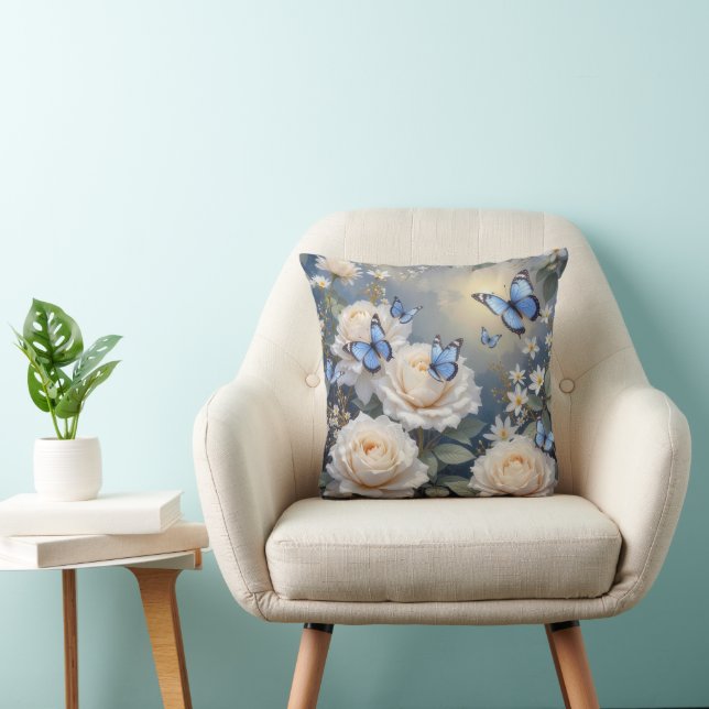 Blue Butterflies On White Roses and Daisies Throw Pillow (Chair)