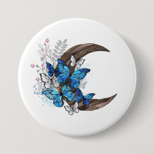 Blue butterflies on wooden crescent 3 inch round button