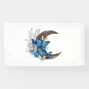 Blue butterflies on wooden crescent banner