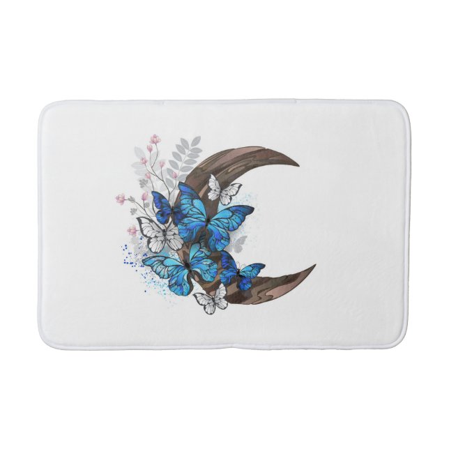 Blue butterflies on wooden crescent bath mat (Front)