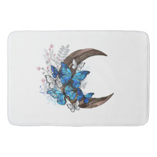 Blue butterflies on wooden crescent bath mat