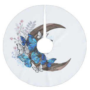 Blue butterflies on wooden crescent brushed polyester tree skirt