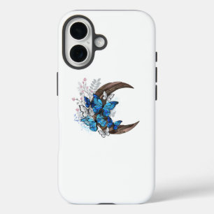 Blue butterflies on wooden crescent iPhone 16 case