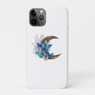 Blue butterflies on wooden crescent iPhone 11 pro case