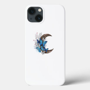 Blue butterflies on wooden crescent iPhone 13 case