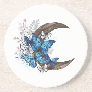 Blue butterflies on wooden crescent coaster