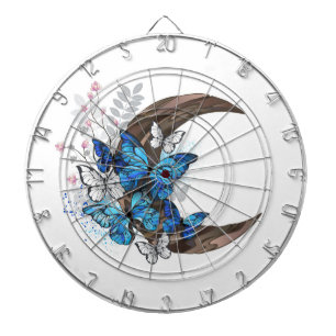 Blue butterflies on wooden crescent dartboard