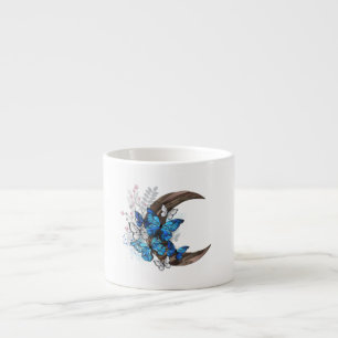 Blue butterflies on wooden crescent espresso cup