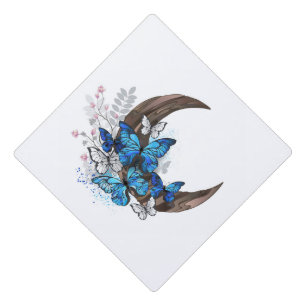 Blue butterflies on wooden crescent graduation cap topper
