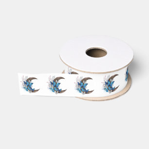 Blue butterflies on wooden crescent grosgrain ribbon