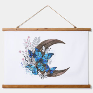 Blue butterflies on wooden crescent hanging tapestry