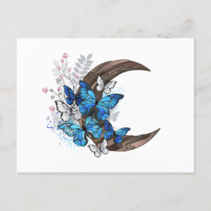 Blue butterflies on wooden crescent invitation postcard