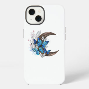 Blue butterflies on wooden crescent iPhone 13 case