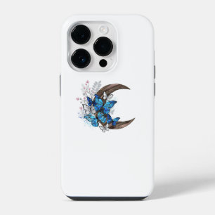 Blue butterflies on wooden crescent iPhone 14 pro case
