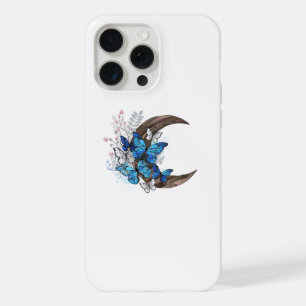 Blue butterflies on wooden crescent iPhone 15 pro max case