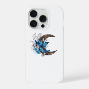 Blue butterflies on wooden crescent iPhone 15 pro case