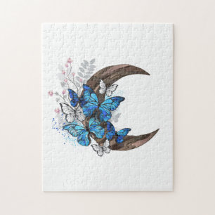 Blue butterflies on wooden crescent jigsaw puzzle