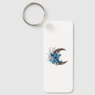 Blue butterflies on wooden crescent keychain