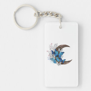 Blue butterflies on wooden crescent keychain