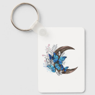Blue butterflies on wooden crescent keychain