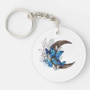 Blue butterflies on wooden crescent keychain