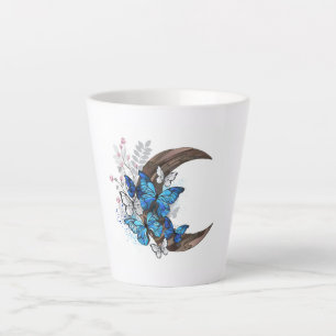 Blue butterflies on wooden crescent latte mug
