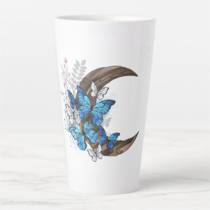 Blue butterflies on wooden crescent latte mug