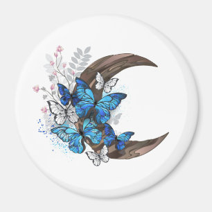 Blue butterflies on wooden crescent magnet