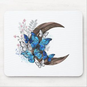 Blue butterflies on wooden crescent mouse pad