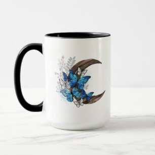 Blue butterflies on wooden crescent mug